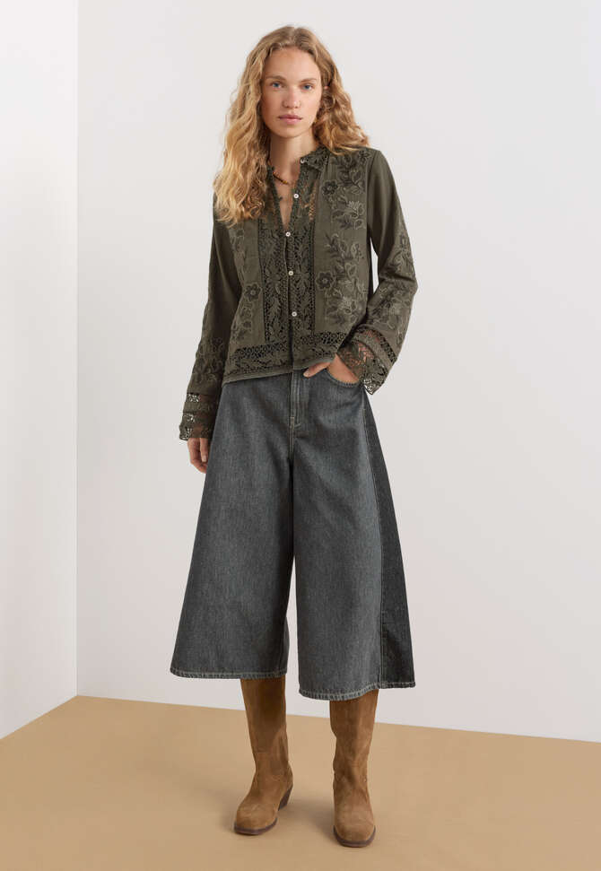 Bestickte Bluse mit Spitze, Dunkles Moos, completeTheLook