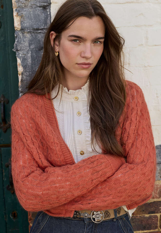 Cardigan mit Zopfmuster, Koralle, completeTheLook