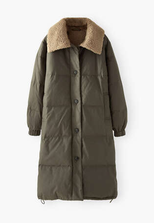 Gesteppter langer Mantel, Dunkles Khaki, webstill