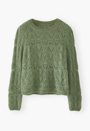 Spitzenmuster-Pullover, Farngr&uuml;n, webstill
