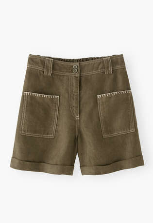 Shorts mit aufgesetzten Taschen, Dunkles Khaki, webstill
