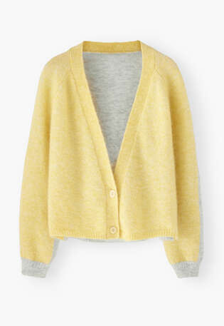 Cardigan mit V-Ausschnitt, Zitrone/Grau, webstill