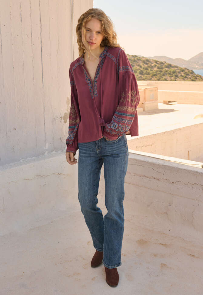 Bestickte Bluse, Tiefes Rosenholzrot, completeTheLook