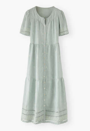 Besticktes Kleid, Eisgrau, webstill