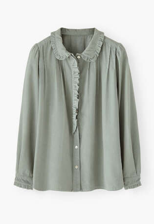 Faltenbluse aus Cord, Rauchiges Enteneiblau, webstill