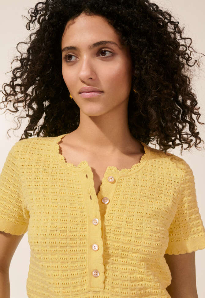 T-Shirt mit Maschendetails, Zartes Zitronengelb, completeTheLook