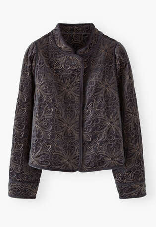 Bestickte Samtjacke, Kohlschwarz, webstill