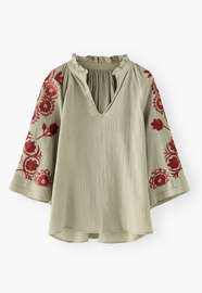 Bestickte Bluse, Salbeigrau, webstill