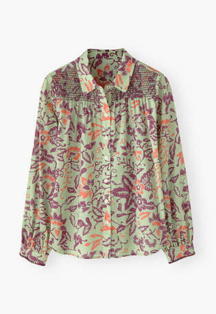 Bedruckte Bluse mit Kr&auml;uselungen, Salbei/Violett, webstill