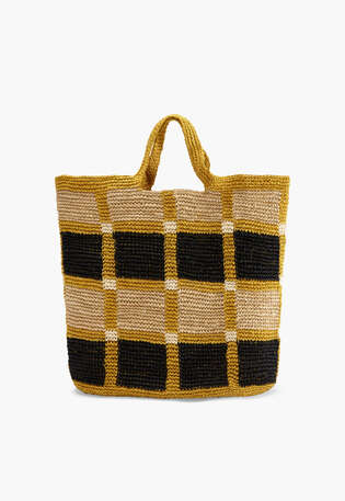 Karierte Tasche aus Raffiabast, Senfgelb/Schwarz, webstill