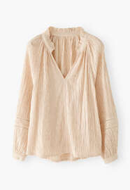 Bluse mit ger&uuml;schtem Ausschnitt, Ecru, webstill