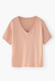 T-Shirt mit V-Ausschnitt, Helles Lachsrosa, webstill