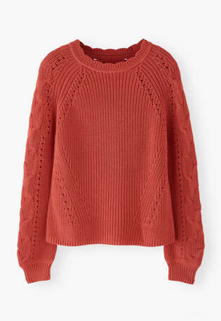 Pullover mit Zopfmuster&auml;rmeln, Erdbeere, webstill