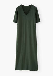 Kleid mit V-Ausschnitt, Dunkles Flaschengr&uuml;n, webstill