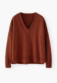 Pullover mit V-Ausschnitt, Gew&uuml;rzbraun, webstill