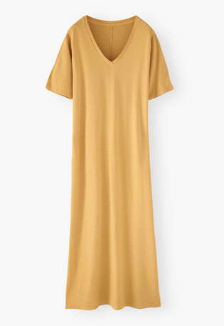 Kleid mit V-Ausschnitt, Sonnenscheingelb, webstill