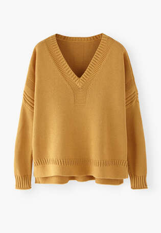 Pullover mit V-Ausschnitt, Warmes Gelb, webstill