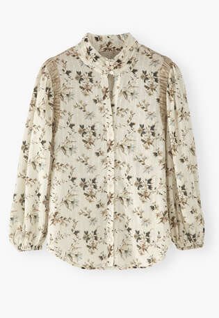 Bedruckte Bluse mit hohem Halsausschnitt, Goldenes Elfenbein, webstill