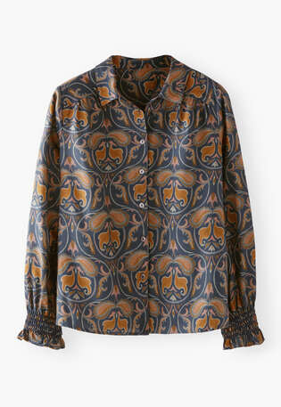 Bedruckte Bluse, Indigo/Kupfer, webstill