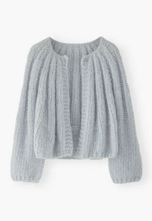 Handgestrickter Cardigan, Kreideblau, webstill