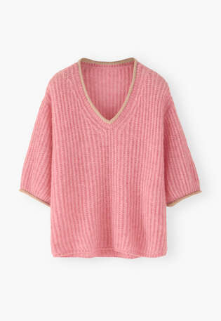 Ripppullover mit V-Ausschnitt, Ros&egrave;, webstill