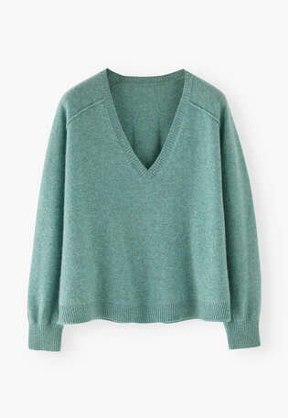 Pullover mit V-Ausschnitt, Aquamarin/Meerschaum, webstill