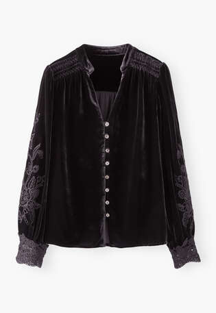 Samtbluse mit Cutwork, Schwarzer Kaffee, webstill