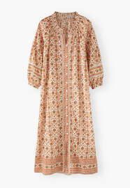 Bedrucktes Kleid mit Bord&uuml;re, Zimt/Perle, webstill