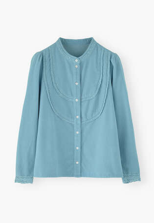 Cordbluse mit Spitze, Himmelblau, webstill