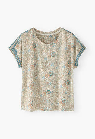Print-Top mit Stickerei, Khaki/Rost, webstill