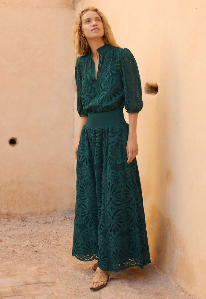 Broderie-Anglaise-Bluse, Tiefes Flaschengr&uuml;n, completeTheLook