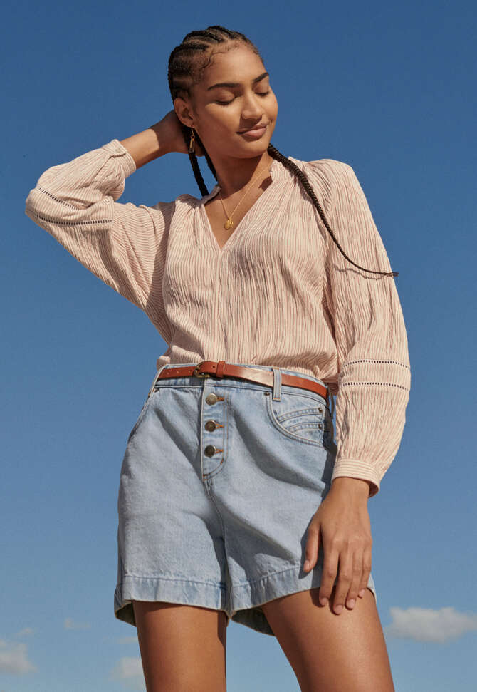 Denim-Shorts mit hoher Taille, Helle Waschung, completeTheLook