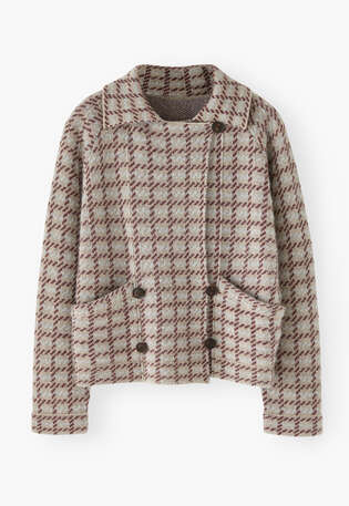 Gestrickte Karojacke, Rehbraun/Burgunder, webstill