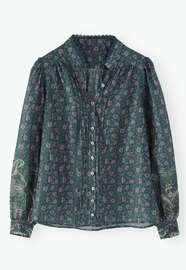 Bedruckte Bluse mit Faltendetails, Petrol/Lavendel, webstill
