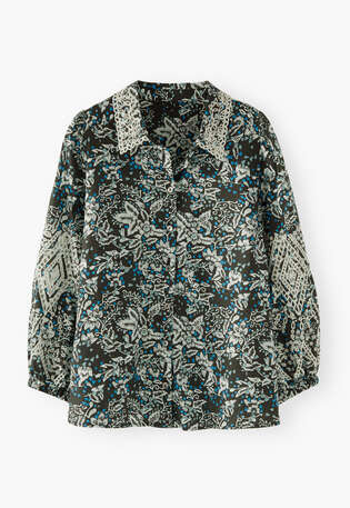 Bedruckte Cutwork-Bluse, Kohlschwarz/Azur, webstill