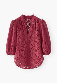 Broderie-Anglaise-Bluse, Tiefes Himbeerrot, webstill