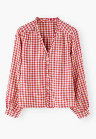 Vichy-Karo-Bluse mit R&uuml;schen, Beere/Orange, webstill