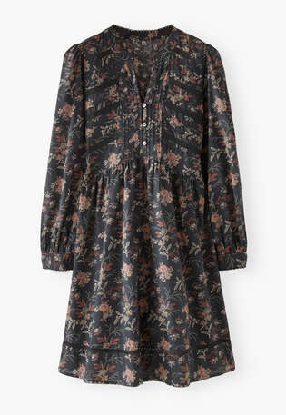Kleid mit Print und Spitze, Kohlschwarz, webstill