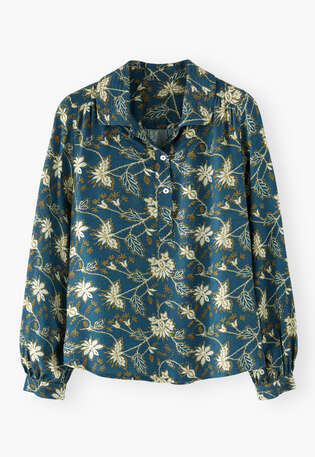 Bedruckte Bluse, Indigo/Ocker, webstill