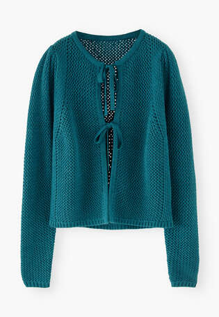 Cardigan mit Bindeband, Ozean/Aquamarin, webstill