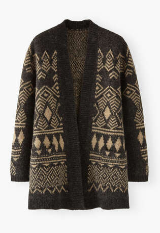 Langer Jacquard-Cardigan, Kohlschwarz/Sand, webstill