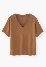 T-Shirt mit V-Ausschnitt, Tabak, webstill