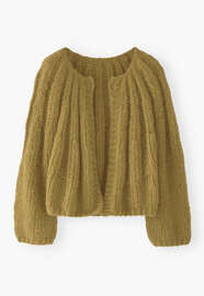 Handgestrickter Cardigan, Ockeroliv, webstill