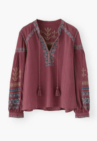Bestickte Bluse, Tiefes Rosenholzrot, webstill