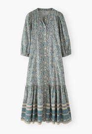 Boho-Kleid mit Bord&uuml;re, Blau/Stein, webstill