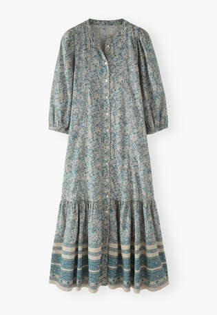 Boho-Kleid mit Bord&uuml;re, Blau/Stein, webstill