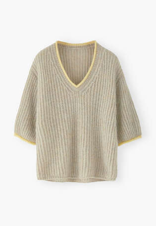 Ripppullover mit V-Ausschnitt, Kiesel, webstill