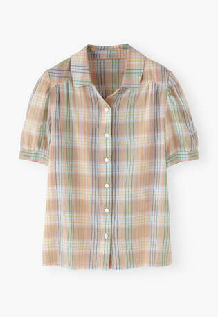 Kurz&auml;rmlige Karobluse, Himmelblau/Pfirsich, webstill