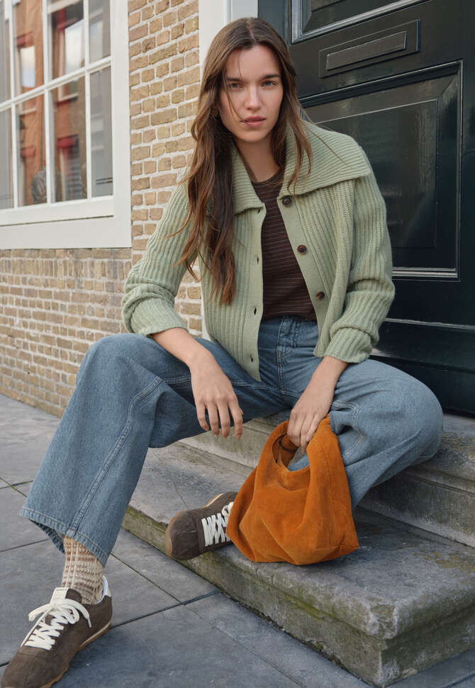 Ripp-Cardigan mit Kragen, Salbei, completeTheLook