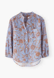 Bedruckte Bluse, Lavendelblau/Lohbraun, webstill